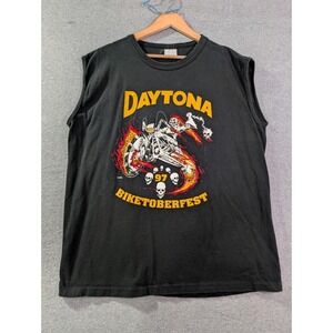 VTG 90s Daytona Biketoberfest Tank Top Mens XL Black Muscle Tee Skulls Flames